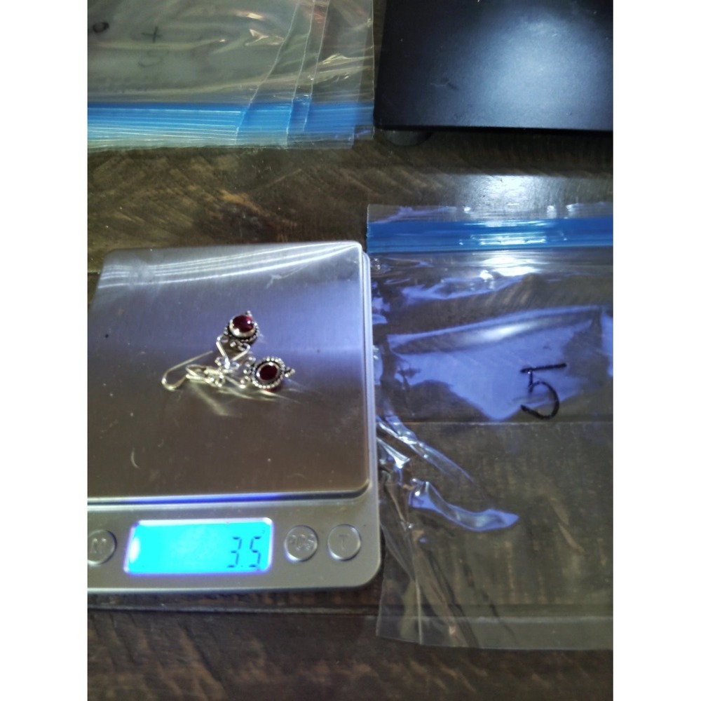 925 Sterling Silver Red Garnet Cabochon Bali Filigree Dangle Drop Earrings 3.5g